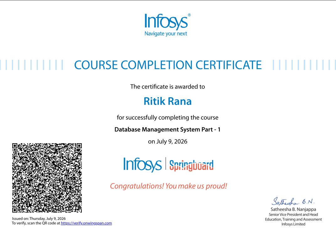 Infosys Springboard Database Management System Part 1 certificate